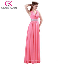 2015 Grace Karin Watermelon V-Neck Long Evening Dress para mulheres gordas CL4431